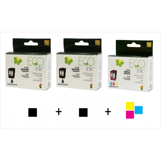 Combo HP 65XL  (2 noir + 1 couleur) recyclé Ecoink + Livraison gratuite 